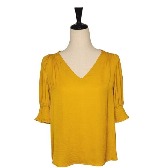 Madison d' Amelie Golden Mustard V-neck Elbow Sleeve Pullover Blouse Size XS - Picture 1 of 8